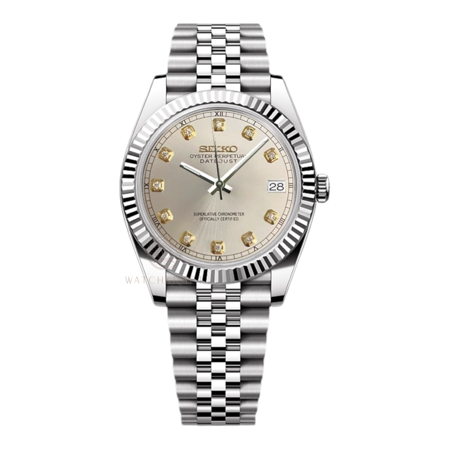 Seiko White Silver Crystal Indices Datejust Mod