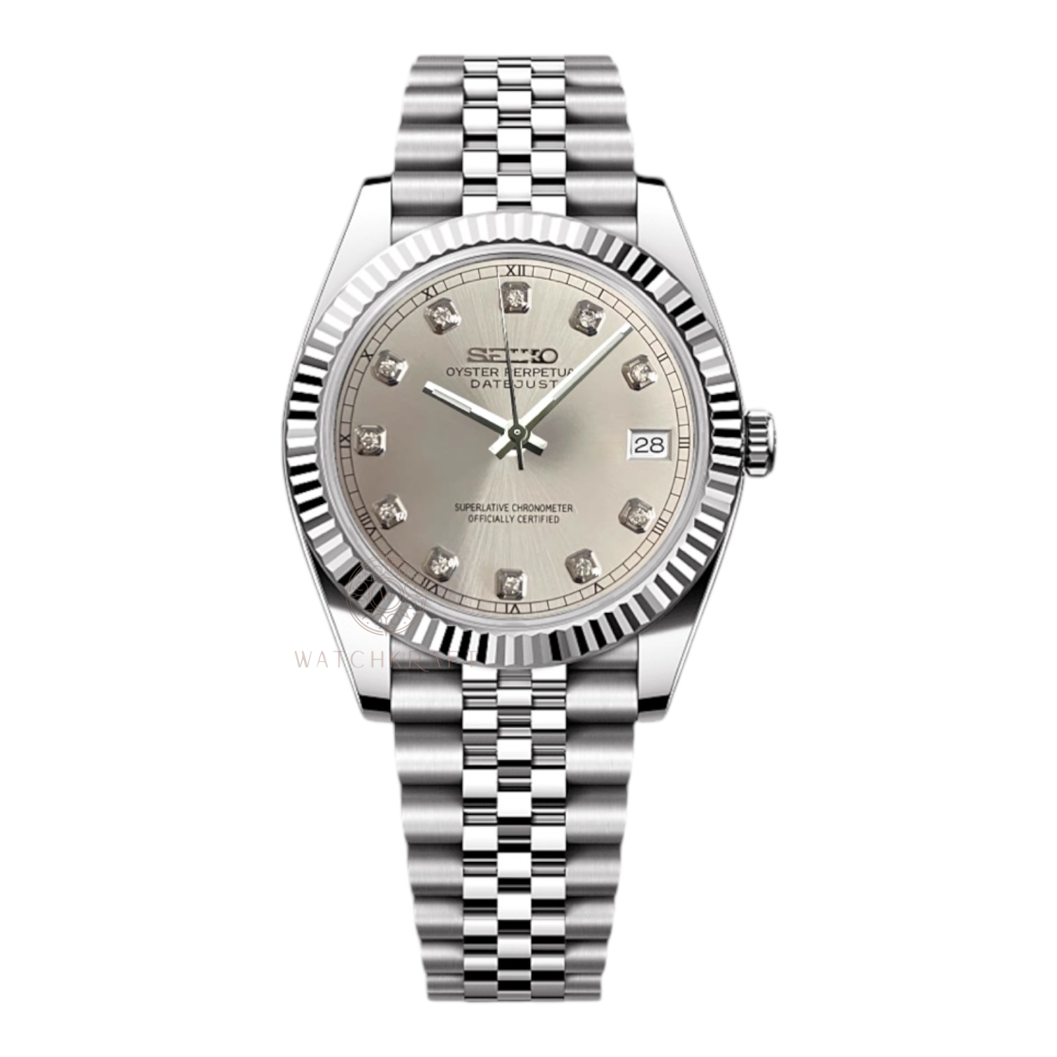 Seiko White Silver Crystal Indices Datejust Mod